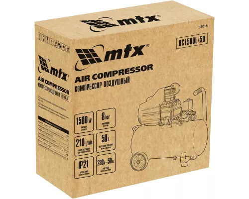 Компрессор воздушный DC1500L/50, 1,5 кВт, 50 л, 210 л/мин MTX Компрессор воздушный DC1500L/50, 1,5 кВт, 50 л, 210 л/мин MTX