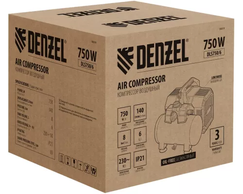 Компрессор DLS750/6 безмасляный малошумный 750 Вт, 140 л/мин,ресивер 6 л Denzel Компрессор DLS750/6 безмасляный малошумный 750 Вт, 140 л/мин,ресивер 6 л Denzel