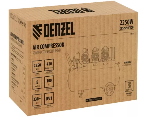 Компрессор безмасляный, малошумный DLS 2250/100, 2250 Вт, 3x750, 100 л, 410 л/мин блок управления/ Denzel Компрессор безмасляный, малошумный DLS 2250/100, 2250 Вт, 3x750, 100 л, 410 л/мин блок управления/ Denzel