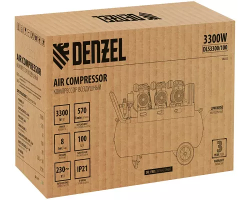 Компрессор безмасляный, малошумный DLS 3300/100, 3300 Вт,3x1100, 100 л, 570 л/мин ,блок управления// Denzel Компрессор безмасляный, малошумный DLS 3300/100, 3300 Вт,3x1100, 100 л, 570 л/мин ,блок управления// Denzel