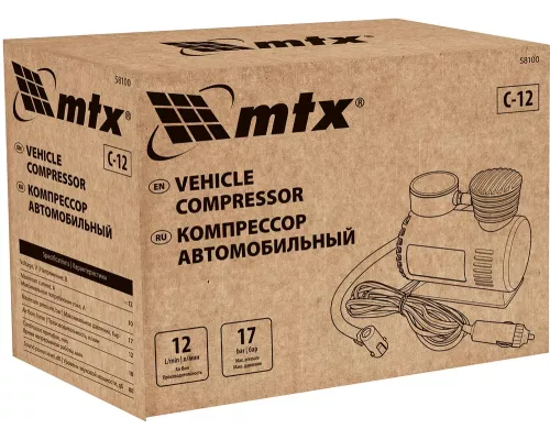 Компрессор автомобильный С-12, 12 В, 17 атм., 12 л/мин MTX Компрессор автомобильный С-12, 12 В, 17 атм., 12 л/мин MTX