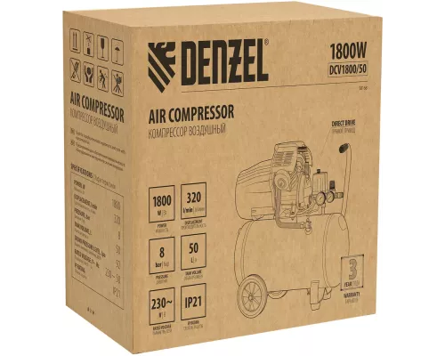 Компрессор воздушный прям. привод DCV1800/50, 1,8 кВт, 50 литров, 320 л/мин Denzel Компрессор воздушный прям. привод DCV1800/50, 1,8 кВт, 50 литров, 320 л/мин Denzel