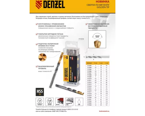 Сверло по металлу, 3 мм, HSS-Tin, Golden Tip, 10 шт. Denzel