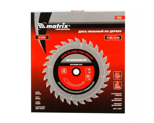 Пильный диск по дереву, 255 х 32 мм, 72 зуба, кольцо 30/32 Matrix Professional