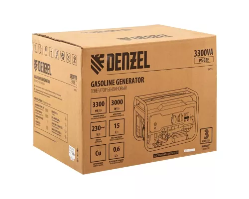 Генератор бензиновый PS-33E, 3.3 кВт, 230В, 15 л, электростартер Denzel Генератор бензиновый PS-33E, 3.3 кВт, 230В, 15 л, электростартер Denzel