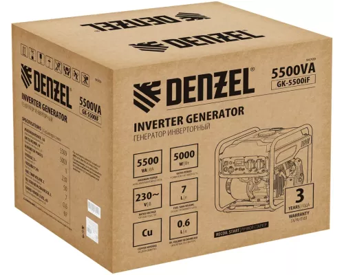 Генератор инверторный GK-5500iF, 5,5 кВт, 230 В, ручной старт DENZEL Генератор инверторный GK-5500iF, 5,5 кВт, 230 В, ручной старт DENZEL