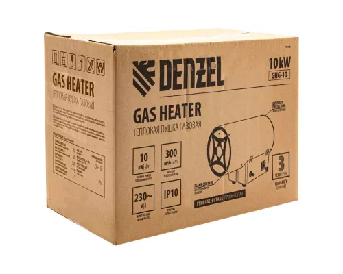 Газовая тепловая пушка GHG-10, 10 кВт, 300 м3/ч, пропан-бутан Denzel Газовая тепловая пушка GHG-10, 10 кВт, 300 м3/ч, пропан-бутан Denzel