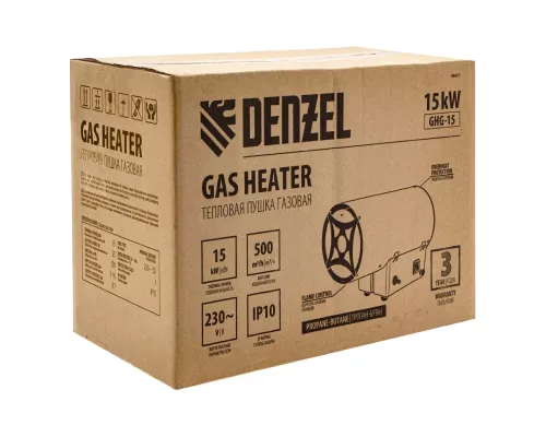 Газовая тепловая пушка GHG-15, 15 кВт, 500 м3/ч, пропан-бутан Denzel Газовая тепловая пушка GHG-15, 15 кВт, 500 м3/ч, пропан-бутан Denzel