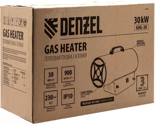 Газовая тепловая пушка GHG-30, 30 кВт, 900 м3/ч, пропан-бутан Denzel Газовая тепловая пушка GHG-30, 30 кВт, 900 м3/ч, пропан-бутан Denzel