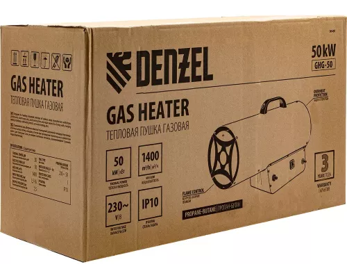 Газовая тепловая пушка GHG-50, 50 кВт, 1400 м3/ч, пропан-бутан Denzel Газовая тепловая пушка GHG-50, 50 кВт, 1400 м3/ч, пропан-бутан Denzel