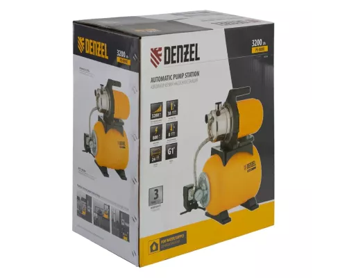 Насосная станция PS800X, 800 Вт, 3200 л/ч, ресивер 24 л, подъем 38 м, нержавейка Denzel Насосная станция PS800X, 800 Вт, 3200 л/ч, ресивер 24 л, подъем 38 м, нержавейка Denzel