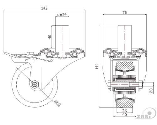 Колеса промышленные (пластик +резина) » С опорами со штекером и тормозом » 7TH*24 - Zabi