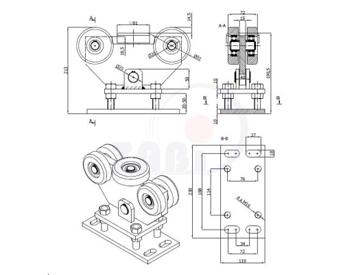 Каретки для откатных воро » Для профиля 100х90 стенка 4мм » WR-5MM-100/90 - Zabi