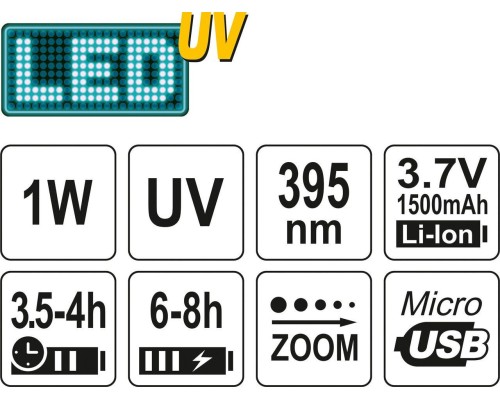 Ультрафиолетовый фонарик аккумуляторный + комплект очков YATO YT-08587