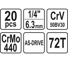 YT-14491 Набор инструментов 1/4" (20пр) CrV, YATO, 5906083144912 (CN)