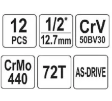 YT-38821 Набор головок с трещоткой 1/2", 12 пр, YATO, 5906083388217 (CN)