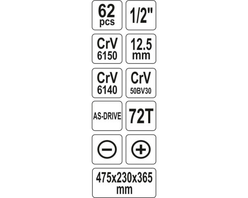 Набор инструмента для авто в ящике 62 эл. YATO YT-3895