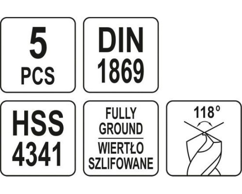 Длинные сверла по металлу 3-8 мм 5 шт YATO YT-39820
