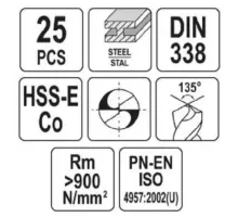 YT-41605 Набор сверл по металлу CO-HSS 1-13мм 25пр, YATO, 5906083416057, (CN)