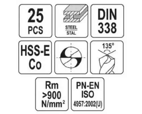 Набор сверл по металлу CO-HSS 1-13 мм 25 шт. YATO YT-41605