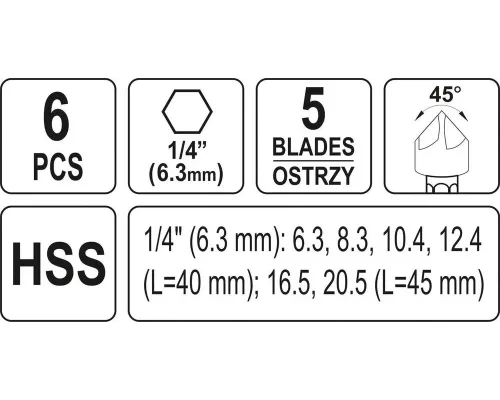 Набор зенковок конических по металлу HEX-1/4