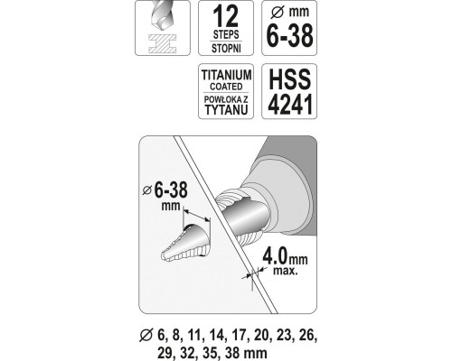 Конусное ступенчатое сверло 6-38мм YATO YT-44740