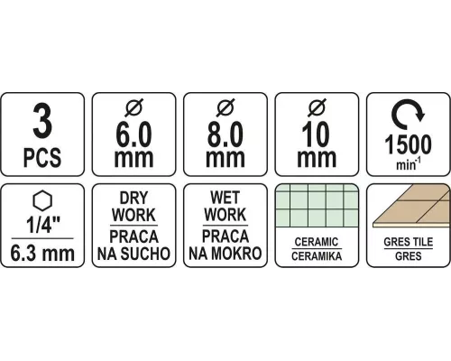 Набор алмазных сверл по керамике 3 шт YATO YT-60409