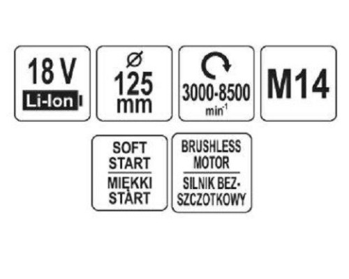 Шлифмашина угловая аккумуляторная 125 мм, 18В, без аккумулятора YATO YT-828293