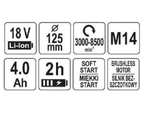 Шлифмашина угловая аккумуляторная 125 мм, 18В, 4Ач YATO YT-828294