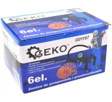 G01167 Набор инструментов пневматических для накачивания и продувки (6 предметов), с наконечниками и шлангом 5м, 1/4", GEKO, 5901477122620 (CN